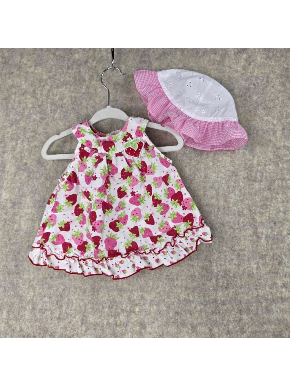Baby Girls Strawberry Print Cotton Dress & Hat Set Pink/White Ruffle Size 6/9M